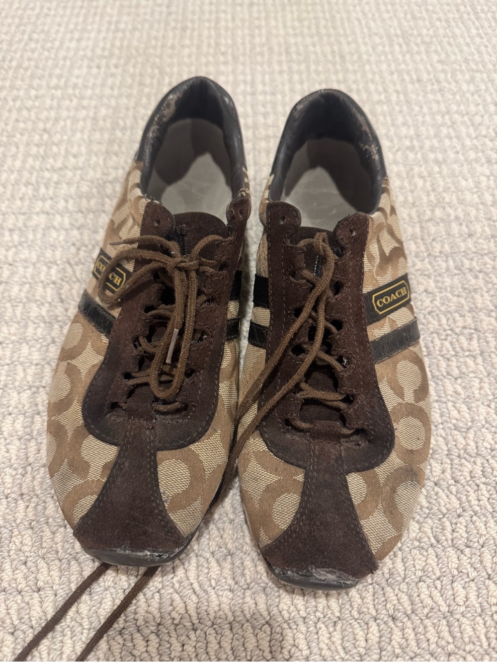 Coach Kids Tan and Brown Signature Logo Lace-Up Sneakers